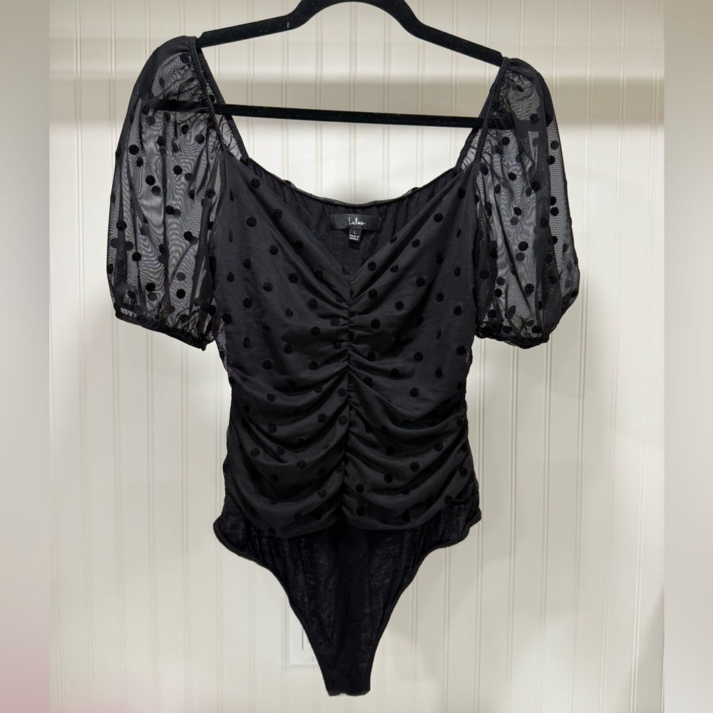 Lulu's Black Sheer Polka Dot Bodysuit